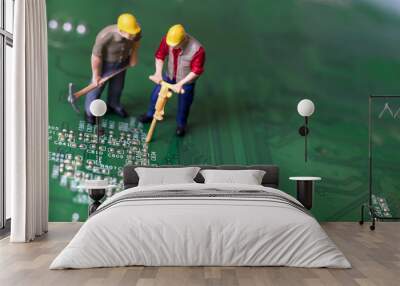 Miniature Workers On Circuit Board Wall mural