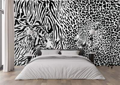 Tiger and Leopard and pattern background Wall mural