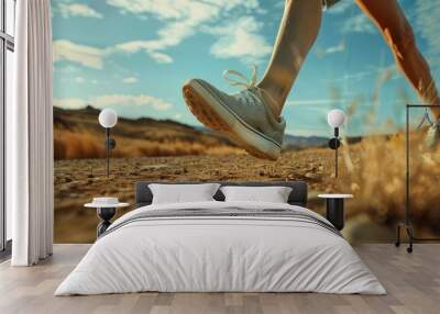 person feet running in a desert, capturing movement and the expansive landscape at sunset. Wall mural