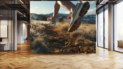 person feet running in a desert, capturing movement and the expansive landscape at sunset. Wall mural