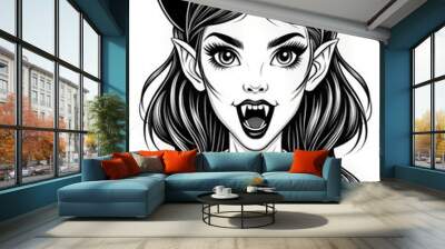 Black and white vampire girl with fangs, for Halloween designs or gothic-inspired projects. Detailed portrait, web design, tattoo art, or merchandise prints Wall mural