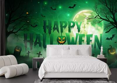 Eerie green Happy Halloween text with moonlit graveyard and flying bats, great for spooky event promotions or haunted house flyers. Features a dark green palette and a chilling atmosphere Wall mural