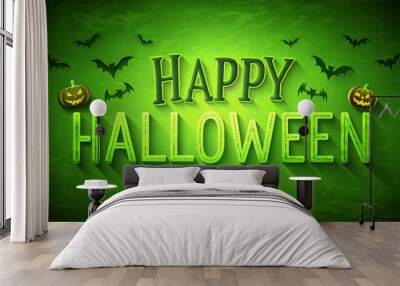 Green Happy Halloween text with bats and pumpkins, perfect for eco-themed Halloween promotions or decorations. Features a fresh, vibrant green color scheme Wall mural