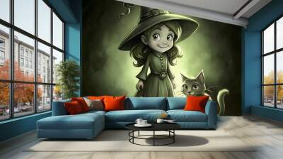 Little witch standing with her cat under the moonlight, drawn in a moody, atmospheric palette, Halloween decor, children's products, fantasy illustrations Wall mural