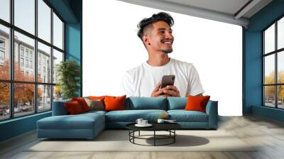 Cheerful Man with Phone on Transparent Wall mural