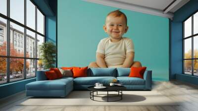 Happy Scandinavian Baby Smiling on Blue Wall mural