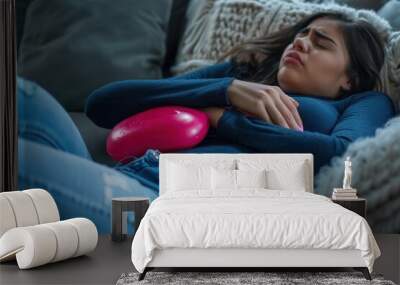 Woman with heating pad lying on couch in discomfort Wall mural