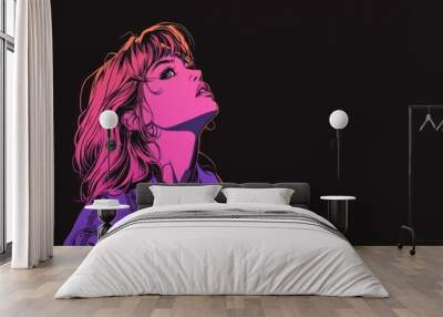 Manga girl sitting under neon moon Wall mural