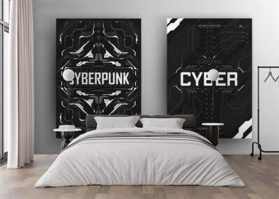 Set of cyberpunk futuristic posters. Cyberpunk design for web and print template. Collection of tech flyer with HUD elements. Abstract futuristic digital technology design. Virtual environment. Vector Wall mural