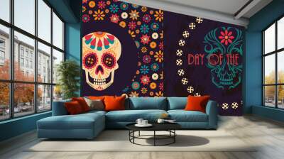 Dia de Los Muertos. vector poster with a skull surrounded by colorful flowers isolated on a dark background for the day of the dead. Wall mural