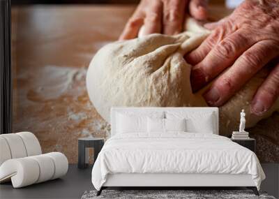 Fresh homemade dough is kneaded by grandmother's hands. Side view. Wall mural