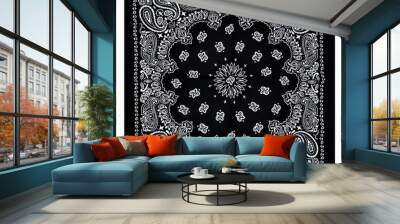 Black bandana with a white pattern. Accessory for concerts, rockers, bikers, rappers, hip-hop, metalheads, punk rock, rap. An element of clothing. Handkerchief for the face of gangsters. Wall mural