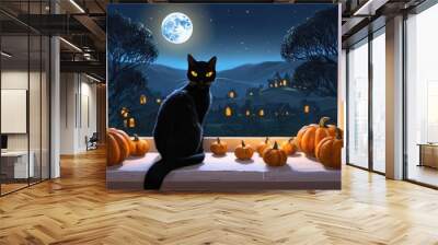 A black cat with piercing yellow eyes sits with glowing pumpkins on a windowsill, while a starry night sky and spooky houses create a magical, Halloween atmosphere. Wall mural