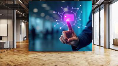 A businessperson touches a glowing digital network interface, symbolizing modern technology and connectivity in a corporate setting. Wall mural