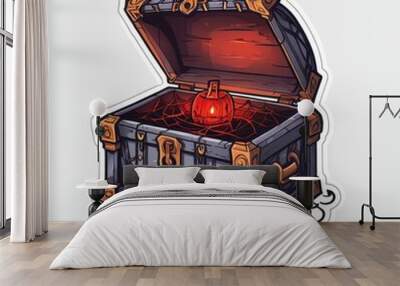 A dark and mysterious treasure chest with iron bars and a glowing red gem inside, evoking a sense of danger, magic, and forbidden treasure Wall mural