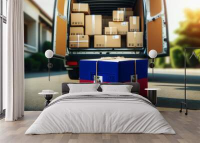 A delivery van loaded with packages, featuring a box wrapped in the Haiti flag. Symbolizes shipping, logistics, and global commerce Wall mural