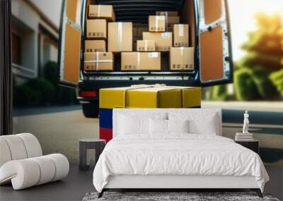 A delivery van loaded with packages, featuring a box wrapped in the Venezuela flag. Symbolizes shipping, logistics, and global commerce Wall mural