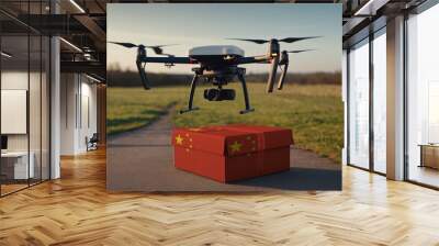 A drone flying with a package, illustrating the transformation of the shopping experience in China. Wall mural