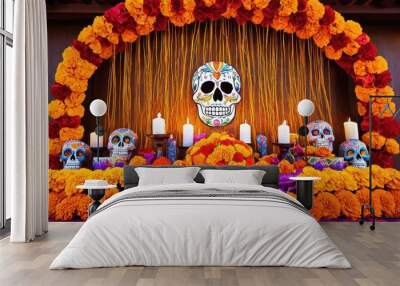 A festive Day of the Dead altar featuring sugar skulls, marigold flowers, candles, and framed photos, celebrating loved ones in Mexican culture Wall mural