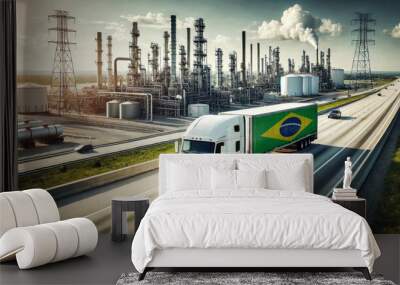 A freight truck, displaying the Brazil flag, travels along a highway beside a sprawling refinery, representing the connection between transportation and the energy sector Wall mural