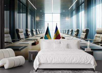 A modern conference room with Bahamas and Andorra flags on a long table, symbolizing a bilateral meeting or diplomatic discussions between the two nations. Wall mural