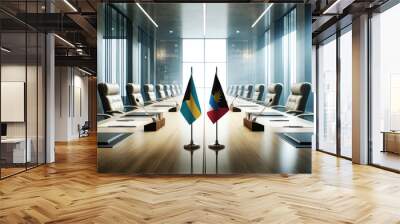 A modern conference room with Bahamas and Antigua and Barbuda flags on a long table, symbolizing a bilateral meeting or diplomatic discussions between the two nations. Wall mural