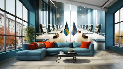 A modern conference room with Bahamas and Argentina flags on a long table, symbolizing a bilateral meeting or diplomatic discussions between the two nations. Wall mural