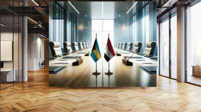 A modern conference room with Bahamas and Sudan flags on a long table, symbolizing a bilateral meeting or diplomatic discussions between the two nations. Wall mural