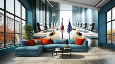 A modern conference room with Japan and Greece flags on a long table, symbolizing a bilateral meeting or diplomatic discussions between the two nations. Wall mural