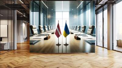 A modern conference room with Latvia and Ukraine flags on a long table, symbolizing a bilateral meeting or diplomatic discussions between the two nations. Wall mural