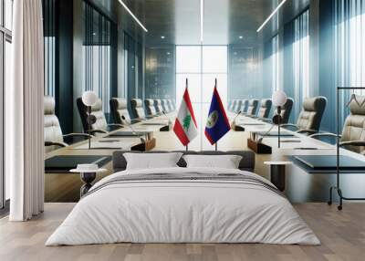 A modern conference room with Lebanon and Belize flags on a long table, symbolizing a bilateral meeting or diplomatic discussions between the two nations. Wall mural