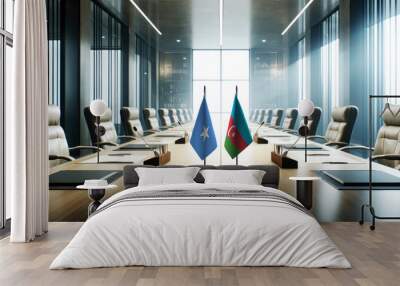 A modern conference room with Somalia and Azerbaijan flags on a long table, symbolizing a bilateral meeting or diplomatic discussions between the two nations. Wall mural