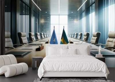 A modern conference room with Somalia and Bahamas flags on a long table, symbolizing a bilateral meeting or diplomatic discussions between the two nations. Wall mural