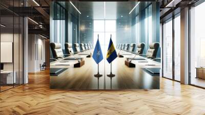 A modern conference room with Somalia and Barbados flags on a long table, symbolizing a bilateral meeting or diplomatic discussions between the two nations. Wall mural