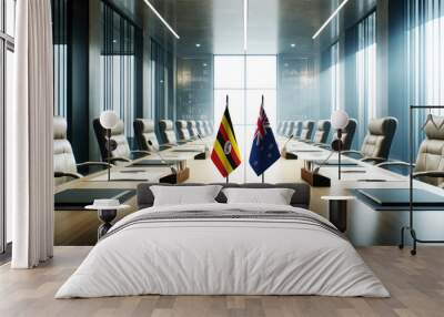 A modern conference room with Uganda and New Zealand flags on a long table, symbolizing a bilateral meeting or diplomatic discussions between the two nations. Wall mural