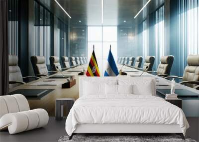 A modern conference room with Uganda and Nicaragua flags on a long table, symbolizing a bilateral meeting or diplomatic discussions between the two nations. Wall mural