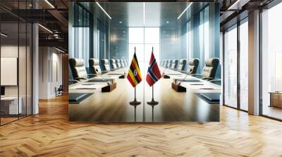 A modern conference room with Uganda and Norway flags on a long table, symbolizing a bilateral meeting or diplomatic discussions between the two nations. Wall mural