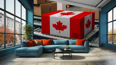 A package adorned with the Canada flag moves along the conveyor belt, embodying the concept of seamless delivery, efficient logistics, and streamlined customs procedures Wall mural