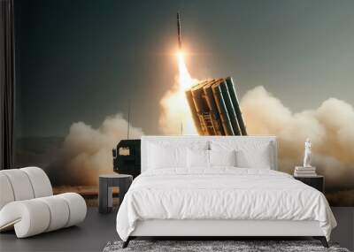 A powerful rocket launcher fires multiple missiles at sunset, a rocket launcher firing Wall mural