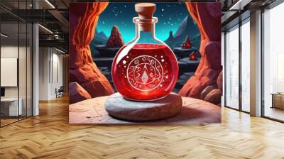 A red potion, filled with glowing energy, sits on a stone altar under the light of the full moon, surrounded by arcane symbols and a mystical, enchanted landscape Wall mural