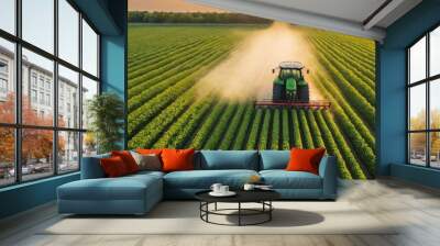 A tractor sprays a large green field of crops at sunset, enhancing growth Wall mural