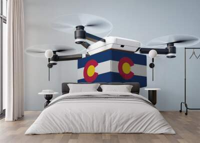 Aerial view of drone delivery. A UAV transporting a box with the Colorado flag, representing the cutting-edge technology in logistics. Wall mural