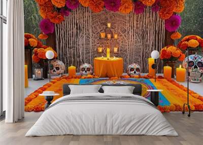 An ofrenda for Día de los Muertos with marigolds, sugar skulls, candles, and framed portraits, symbolizing the connection between the living and the departed Wall mural