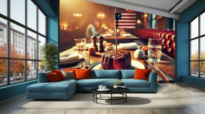 An upscale restaurant table featuring a tender steak, garnished with rosemary and an Liberia flag, set against a cozy, candlelit backdrop Wall mural