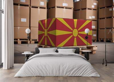 Box with Republic of Macedonia flag. Republic of Macedonia logistics port. Logistics industry in Republic of Macedonia. Export and import of goods. Wall mural