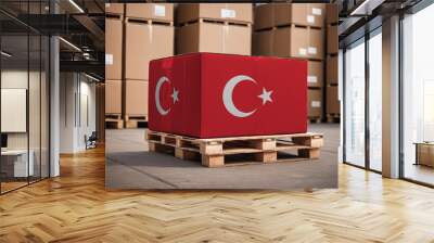 Box with Turkey flag. Turkey logistics port. Logistics industry in Turkey. Export and import of goods. Wall mural