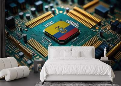 Ecuador flag on a processor, CPU or microchip on a motherboard. Concept for the battle of global microchips production. Wall mural