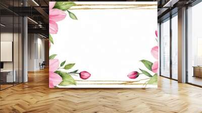 Embrace elegance with our watercolor pink floral frame mockup. Soft petals form a delicate border, perfect for showcasing your content Wall mural