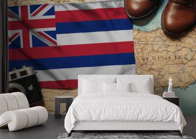 Hawaii flag on the map surrounded by camera, shoes. Travel and tourism concept Wall mural