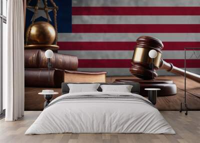 Justice gavel on Liberia flag. Law and justice in Liberia. Rights of citizens. Wall mural